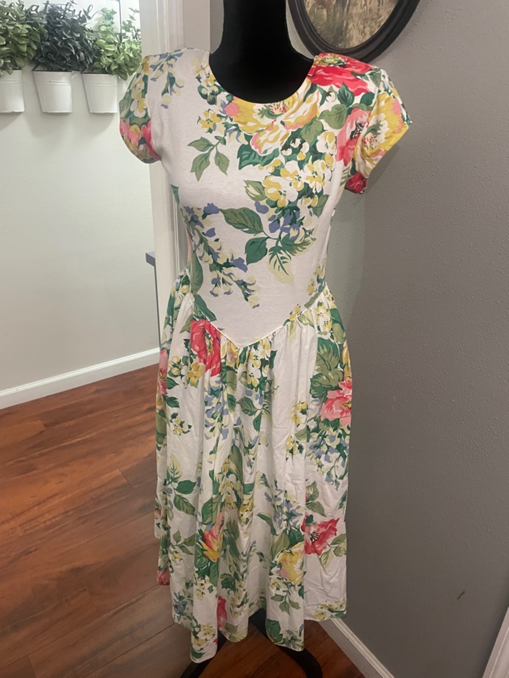 Vintage 80s EXPO Rose Print Cotton padsFit and Flare Full Dress - - Picture 1 of 10